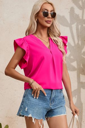 Rose Red Notched Neck Ruffle Sleeve Blouse