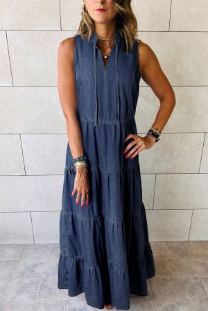 Real Teal Sleeveless Tiered Chambray Maxi Dress