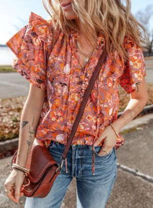 Orange Floral Print Ruffled Flutter Sleeve Frilled V Neck Blouse