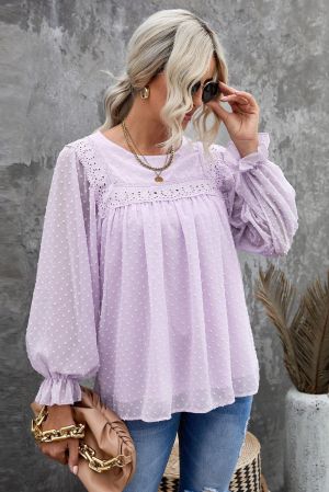 Purple Swiss Dot Hollow Out Ruffle Sleeve Blouse