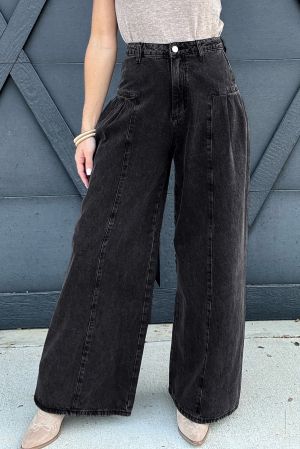 Pleated Wide Leg Mineral Wash Denim Pants