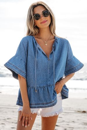 Dusk Blue Denim Ruffled Sleeve Lace up Front Peplum Top