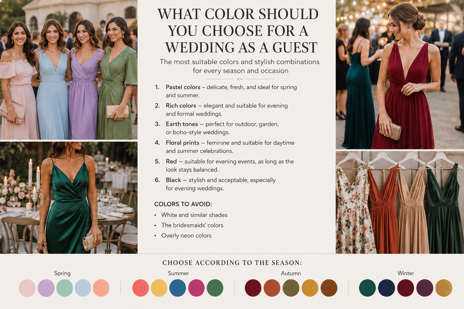 Discover the best colors to wear as a wedding guest. Learn which shades suit every season, what to avoid, and how to create an elegant wedding guest outfit.