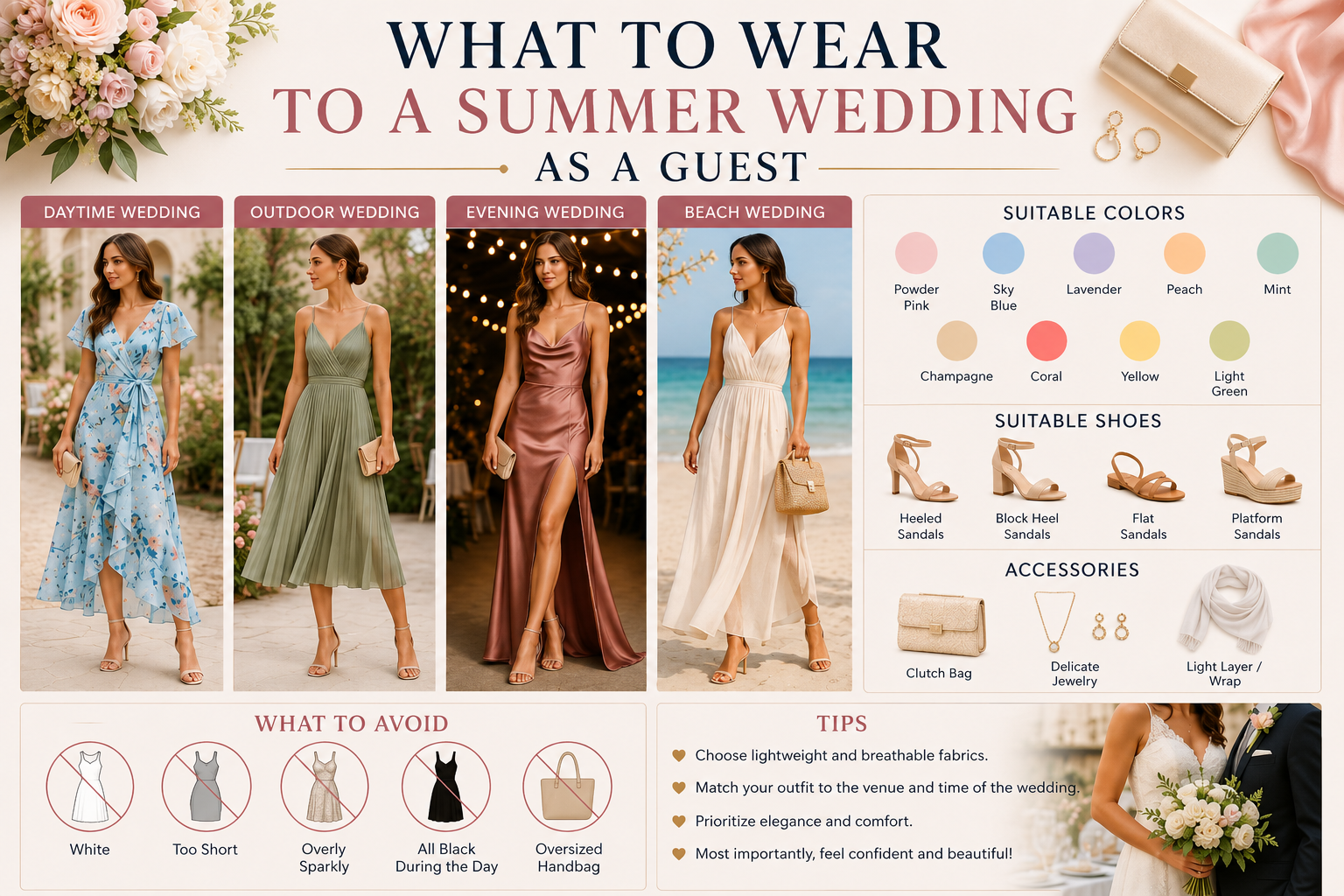Wondering what to wear to a summer wedding as a guest? Discover elegant dress ideas, suitable colors, shoes and accessories for outdoor, beach and evening weddings. Get inspired with stylish wedding guest outfit ideas for 2026.