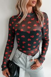 Women's Black Mesh Top with Red Heart Print