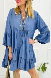 Women's Loose Denim Dress with 3/4 Sleeves and Tiered Ruffles
