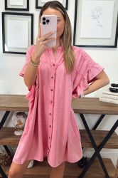 Women's Pink Denim Shirt Dress with Buttons