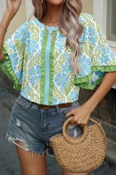 Women's Blue and White Floral Print Blouse with Decorative Neckline