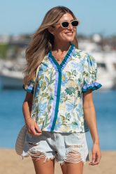 Women's Floral Blouse with Decorative Trim and Short Sleeves