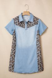 Women's Denim Dress with Leopard Print Panels