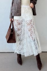 Women's White Long Lace Skirt with Floral Pattern