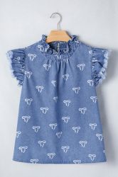 Women’s Light Blue Denim Shirt with Ruffled Collar and Buttons