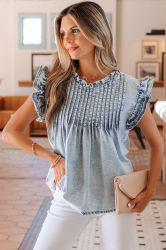 Women’s Light Blue Denim Blouse with Ruffle Details