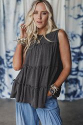 Women's Relaxed Grey Sleeveless Top with Ruffles