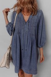 Women's Loose Denim Dress with 3/4 Sleeves and Tiered Ruffles