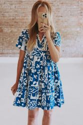 Women's Relaxed Fit Dress with Artistic Blue Print