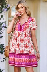Women’s Floral Print Dress with Ruffle Detail and Puff Sleeves