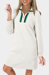 Women's Short Dress with Long Sleeves, Zipper and Embossed Floral Pattern