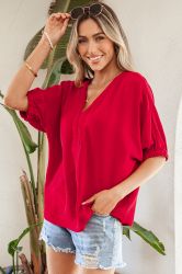 Women's Red Blouse with V-Neck and Decorative Detail