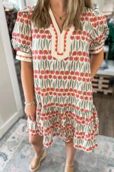 Women's Floral Mini Dress with V-Neck and Short Sleeves