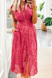 Women's Floral Lace Dress with Front Zipper, Ruched Waist and Pockets