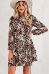 Women's Leopard Print Dress with Long Sleeves and Relaxed Fit