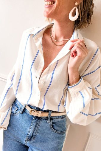 Women's Sky Blue Stripe Drop Shoulder Bubble Sleeve Loose Shirt