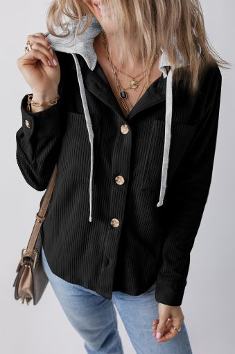 Women's Black Corduroy Hooded Shacket
