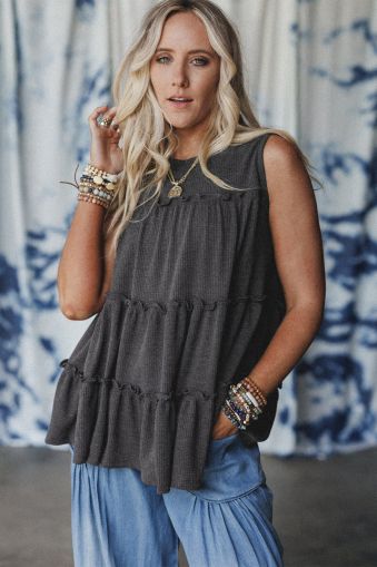 Women's Relaxed Grey Sleeveless Top with Ruffles