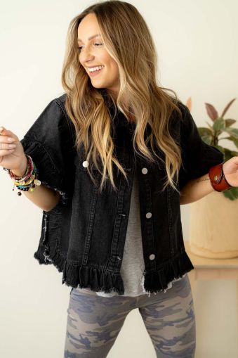 Women’s Black Denim Jacket with Short Sleeves and Ruffle Hem