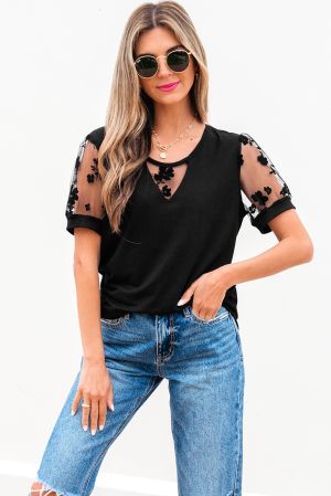 Black Flora Lace Patchwork Crew Neck T Shirt