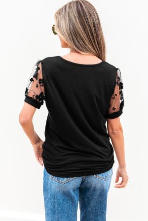 Black Flora Lace Patchwork Crew Neck T Shirt
