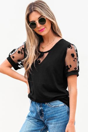 Black Flora Lace Patchwork Crew Neck T Shirt