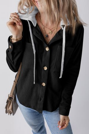 Women's Black Corduroy Hooded Shacket