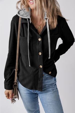 Women's Black Corduroy Hooded Shacket