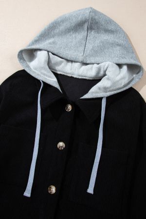 Women's Black Corduroy Hooded Shacket