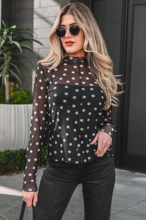 Women's Black Polka Dot Patterned Bodycon Long Sleeve Top
