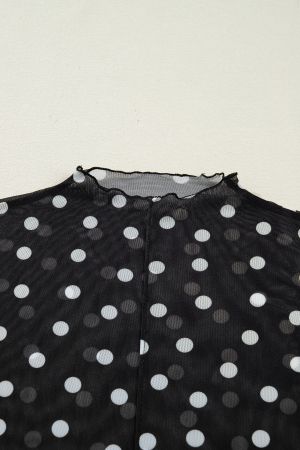 Women's Black Polka Dot Patterned Bodycon Long Sleeve Top