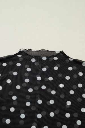 Women's Black Polka Dot Patterned Bodycon Long Sleeve Top