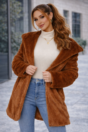 Women's Rust Brown Faux Fur Midi Length Coat