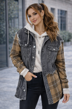 Women's Medium Grey Plaid Patch Distressed Flap Pocket Denim Shacket