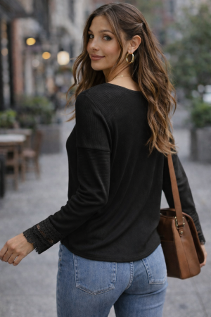 Women's Black Ribbed Texture Lace Trim V Neck Long Sleeve Top