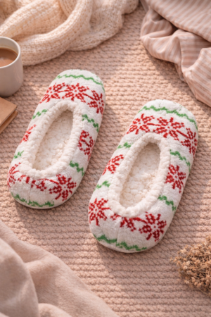 Пухкави пантофи с ефектен принт на снежинки