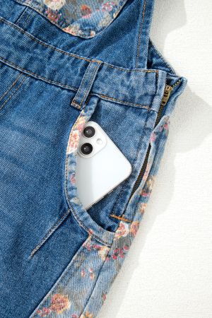 Дамски дънков гащеризон с широк крачол и флорален принт