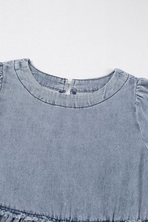 Дамска дънкова къса рокля с джобове и свободна кройка