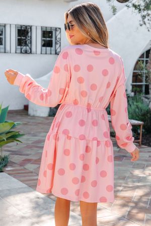Women’s Pink Polka Dot Dress with Long Sleeves and Relaxed Fit