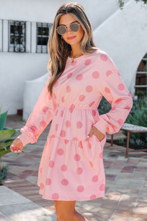 Women’s Pink Polka Dot Dress with Long Sleeves and Relaxed Fit