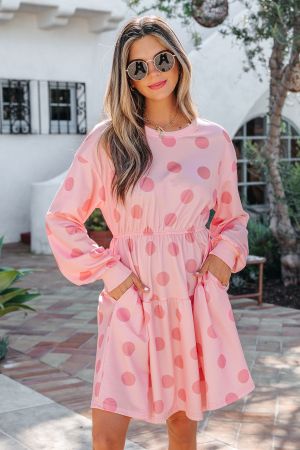 Women’s Pink Polka Dot Dress with Long Sleeves and Relaxed Fit