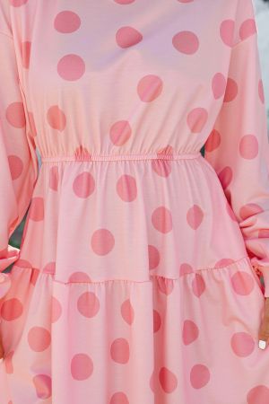 Women’s Pink Polka Dot Dress with Long Sleeves and Relaxed Fit