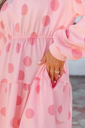 Women’s Pink Polka Dot Dress with Long Sleeves and Relaxed Fit
